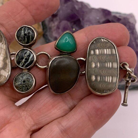 THE DREAMER Vintage Sterling Silver 925 Fossil Stone Boho Unique Bracelet #788 - Picture 10 of 13